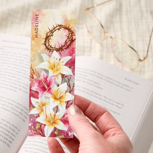 Pink White Lilies Crown Thorns Christian Bookmarks (Hand)