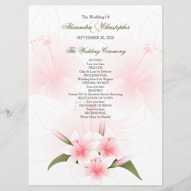 Pink & White Lilies Wedding Program (Front)