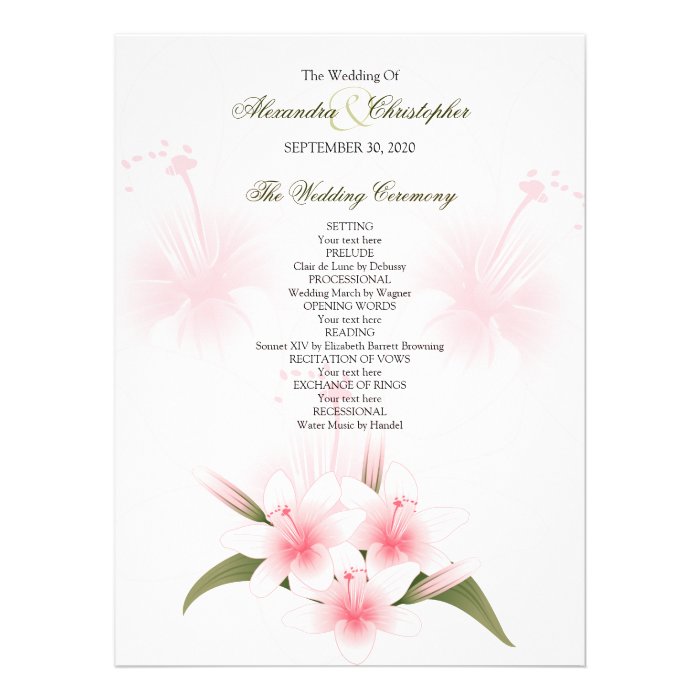 Pink & White Lilies Wedding Program Invitation