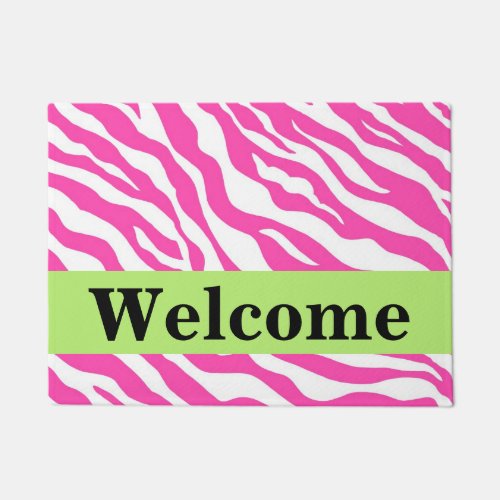 Pink White Lime Green Zebra Skin Pattern Welcome Doormat