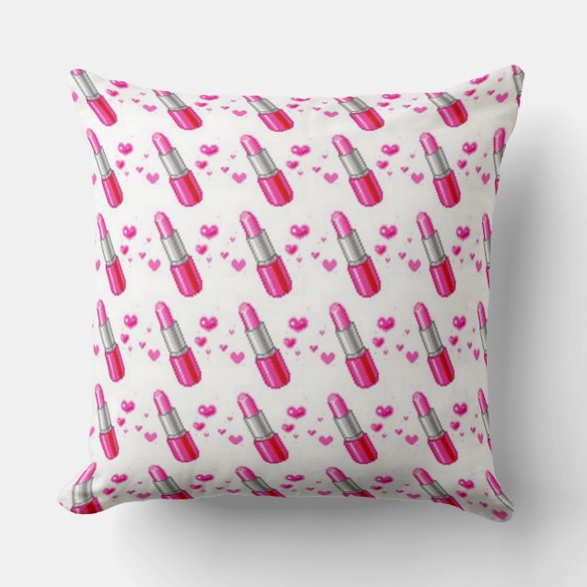 Pink & White Lipstick Lover Throw Pillow (Front)
