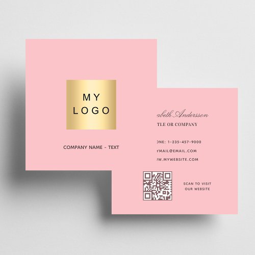 Pink white logo QR code Square Business Card
