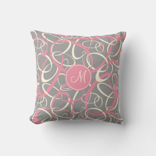 pink white loops on gray geometric pattern throw pillow