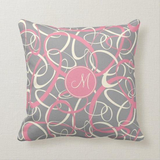pink white loops on gray geometric pattern throw pillow
