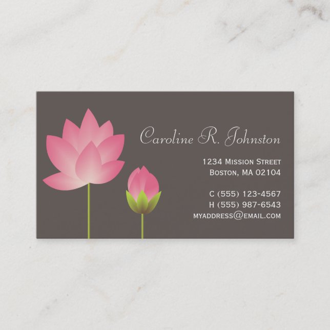 Pink white lotus flower modern gray personal business card (Front)