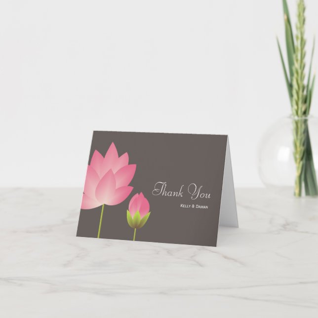 Pink white lotus flower modern gray thank you note card (Front)