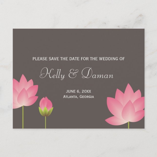 Pink white lotus flowers modern gray save the date announcement postcard (Front)