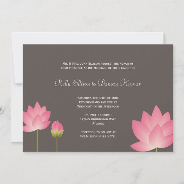 Pink white lotus flowers modern slate gray wedding invitation (Front)
