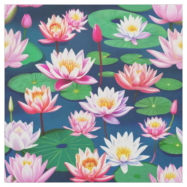 Pink White Lotus Water Lily Flowers & Green Leaves Fabric (Swatch)