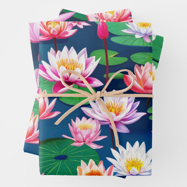 Pink White Lotus Water Lily Flowers & Green Leaves Wrapping Paper Sheets (In situ)