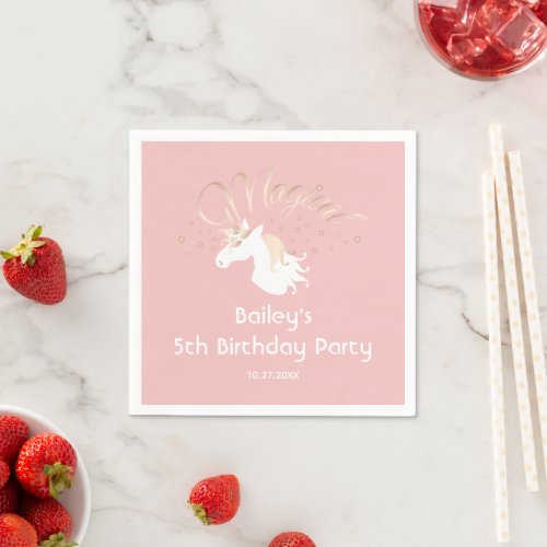 Pink White Magical Unicorn Girl Birthday Party Napkins