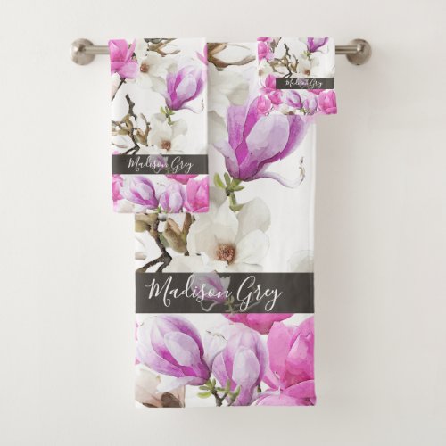 Pink  White Magnolia Blossom Watercolor Pattern Bath Towel Set