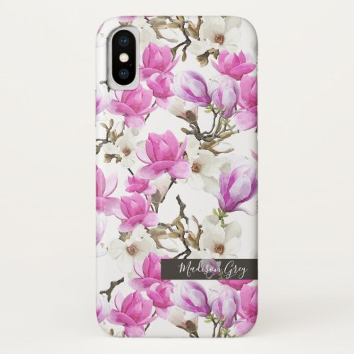 Pink  White Magnolia Blossom Watercolor Pattern iPhone X Case