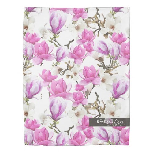 Pink  White Magnolia Blossom Watercolor Pattern Duvet Cover