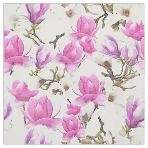 Pink  White Magnolia Blossom Watercolor Pattern Fabric