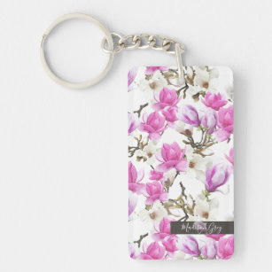 Pink & White Magnolia Blossom Watercolor Pattern Keychain