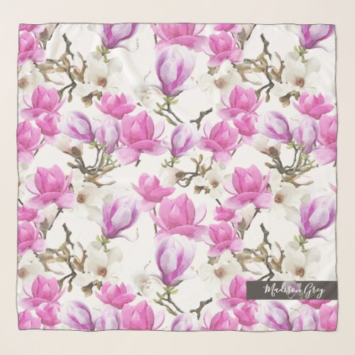 Pink  White Magnolia Blossom Watercolor Pattern Scarf