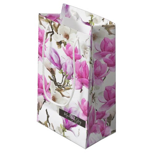 Pink  White Magnolia Blossom Watercolor Pattern Small Gift Bag