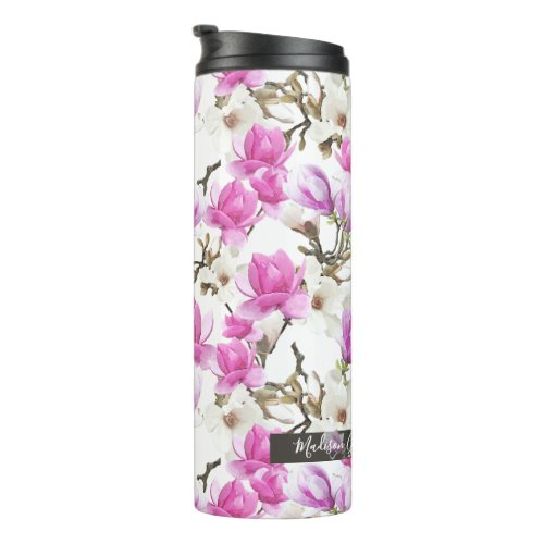 Pink  White Magnolia Blossom Watercolor Pattern Thermal Tumbler