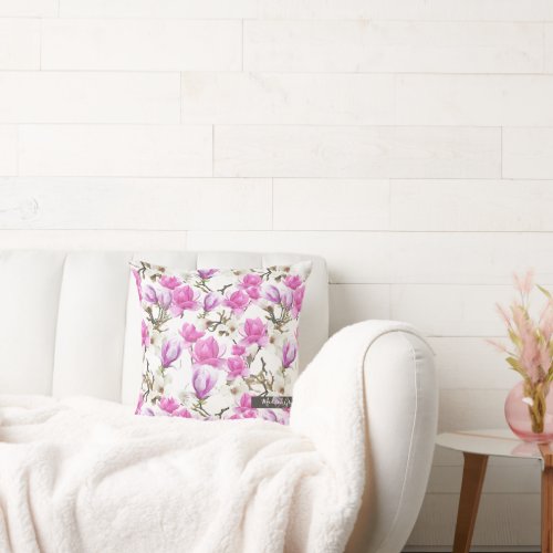Pink  White Magnolia Blossom Watercolor Pattern Throw Pillow
