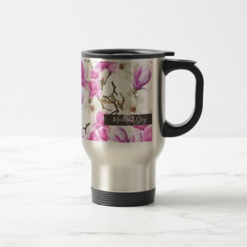 Pink  White Magnolia Blossom Watercolor Pattern Travel Mug