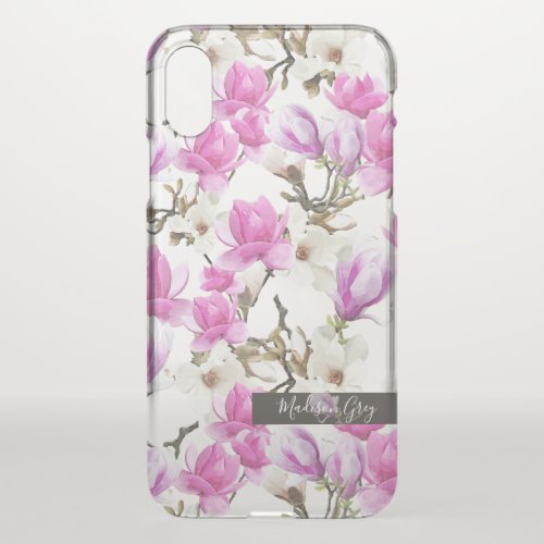 Pink  White Magnolia Blossom Watercolor Pattern iPhone X Case