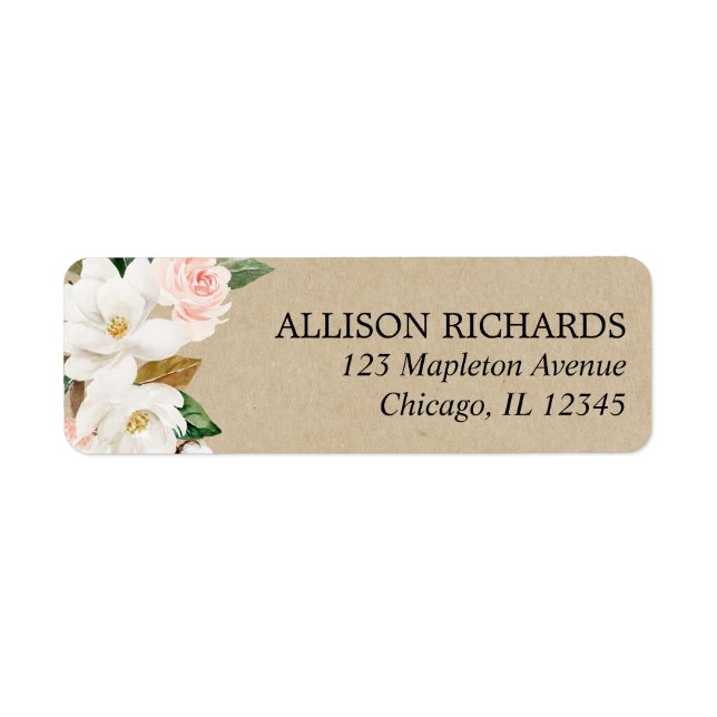 Pink white magnolia rustic kraft floral greenery label (Front)