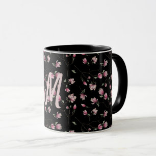 Pink&White Magnolias on Black Personalized Initial Mug