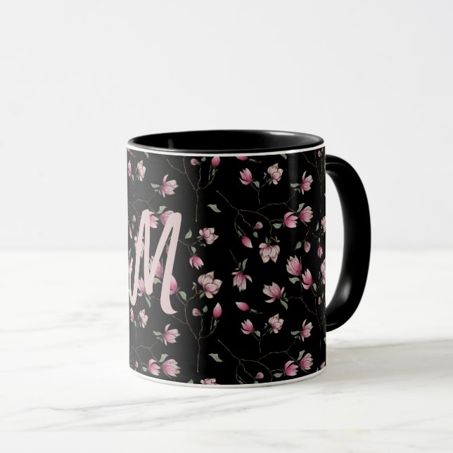 Pink&White Magnolias on Black Personalized Initial Mug (Front Right)