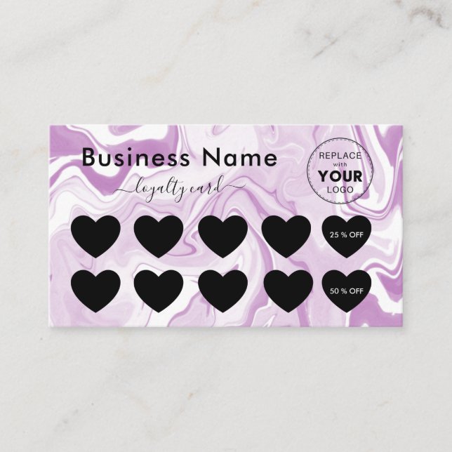 Pink White Marble Add Logo Discount Minimal Girly Loyalty Card (Front)