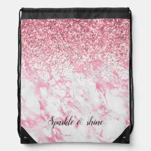 Pink White Marble Glitter Drawstring Bag