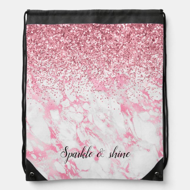 Pink White Marble Glitter             Drawstring Bag (Front)