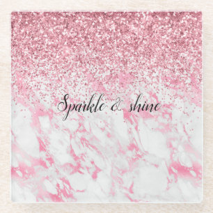 Pink White Marble Glitter Glass Coaster