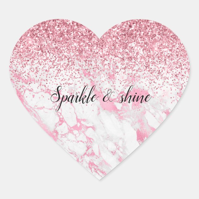 Pink White Marble Glitter             Heart Sticker (Front)