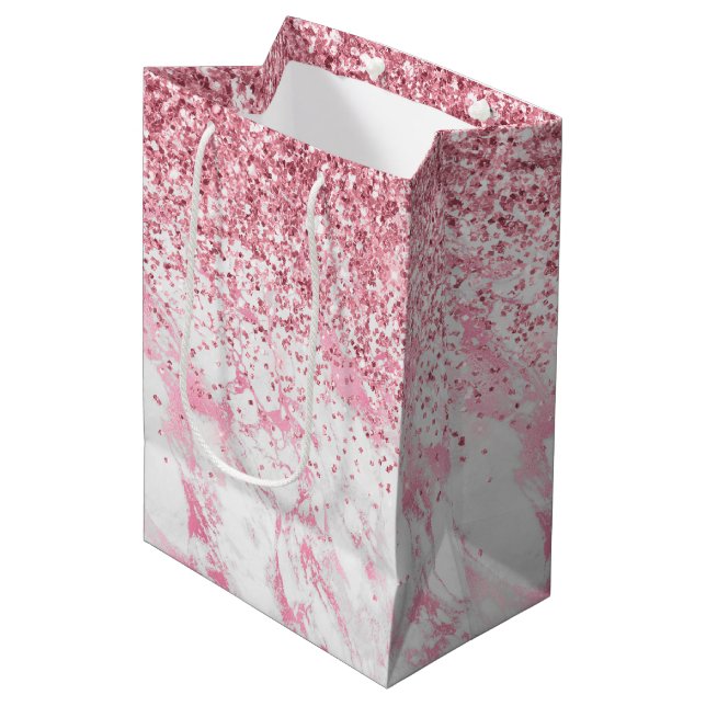 Pink White Marble Glitter               Medium Gift Bag (Front Angled)