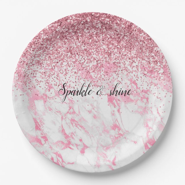 Pink White Marble Glitter              Paper Plates (Front)