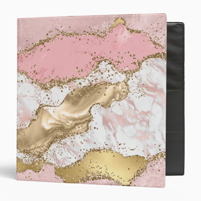 Pink White Marble Gold Glitter 3 Ring Binder (Front/Inside)