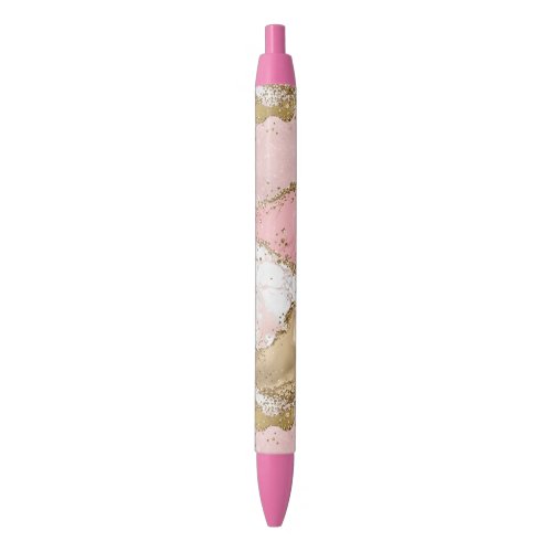 Pink White Marble Gold Glitter Black Ink Pen