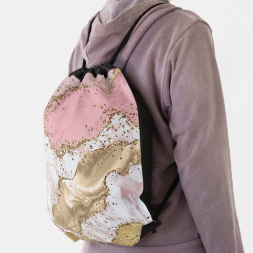 Pink White Marble Gold Glitter Drawstring Bag