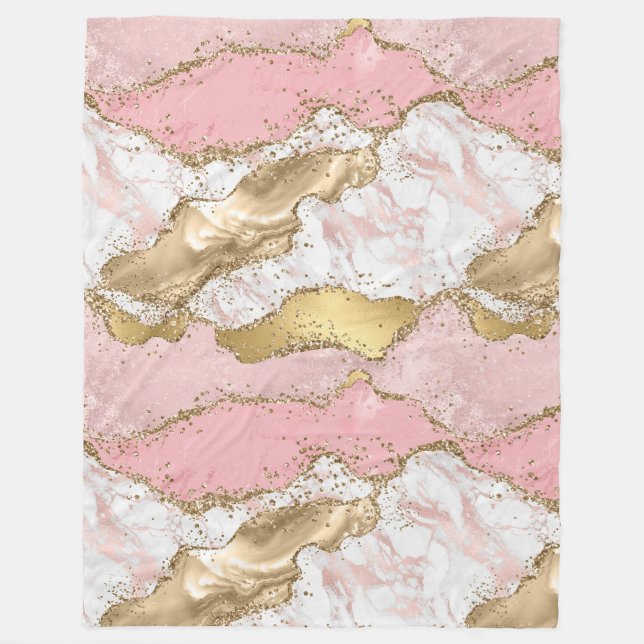 Pink White Marble Gold Glitter Fleece Blanket (Front)