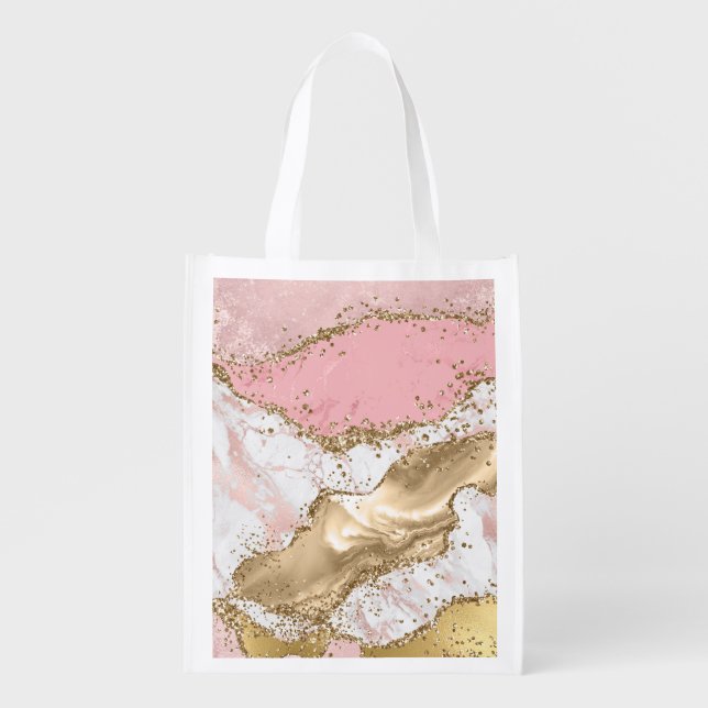Pink White Marble Gold Glitter Grocery Bag (Front)