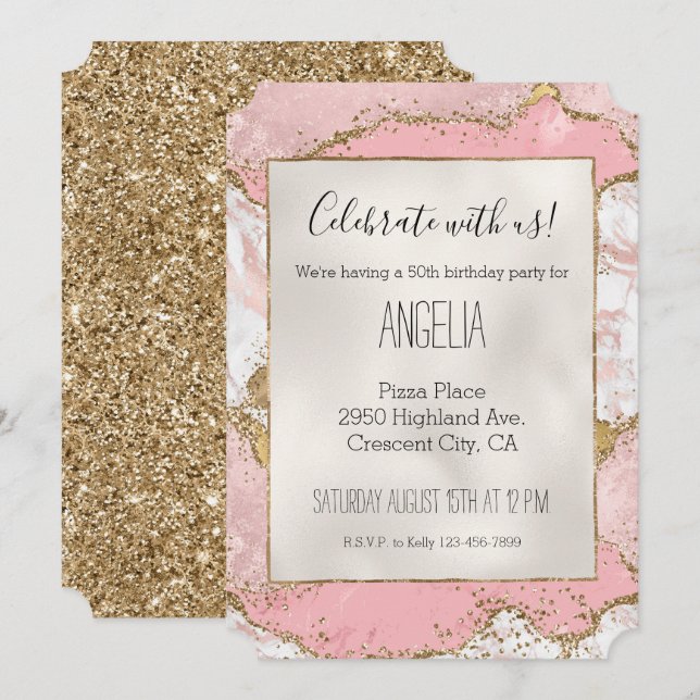 Pink White Marble Gold Glitter Invitation (Front/Back)