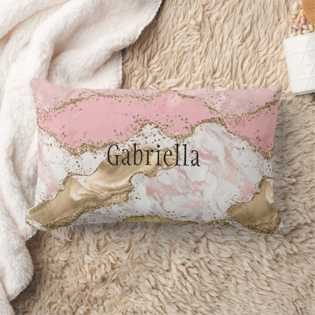 Pink White Marble Gold Glitter Lumbar Pillow (Blanket)