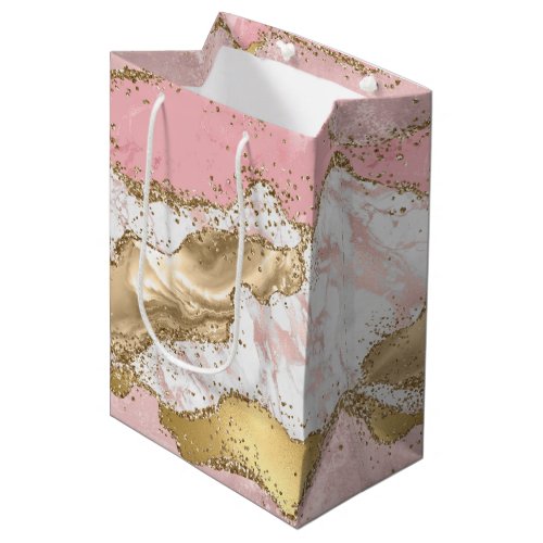Pink White Marble Gold Glitter Medium Gift Bag