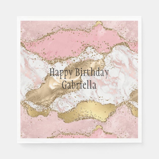 Pink White Marble Gold Glitter Napkins (Front)