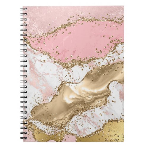 Pink White Marble Gold Glitter Notebook