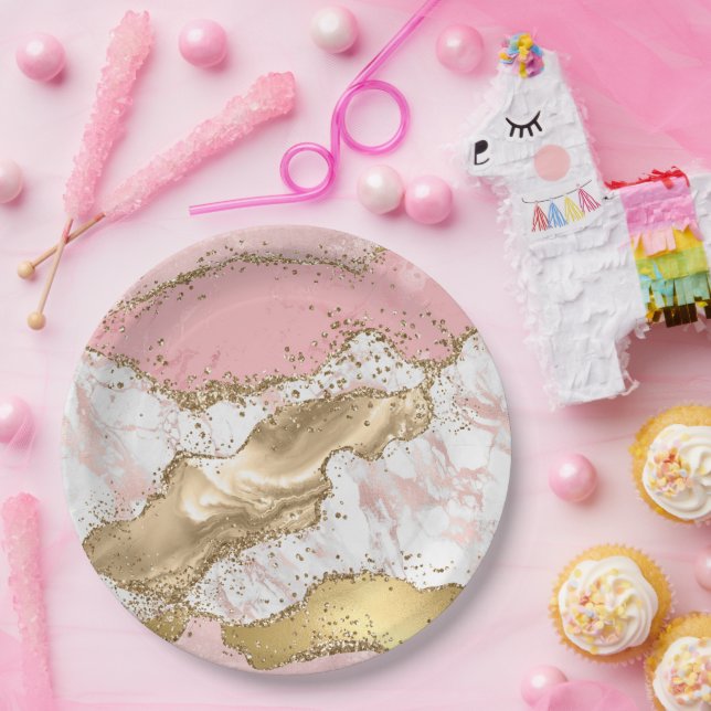 Pink White Marble Gold Glitter Paper Plates (Party)