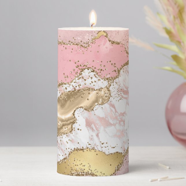 Pink White Marble Gold Glitter Pillar Candle (In Situ)