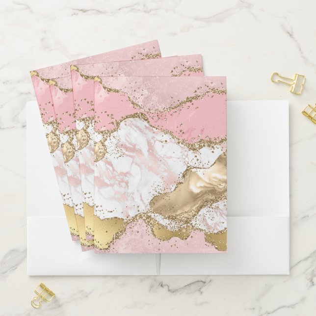 Pink White Marble Gold Glitter Pocket Folder (In Situ)