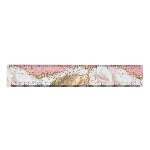 Pink White Marble Gold Glitter Ruler